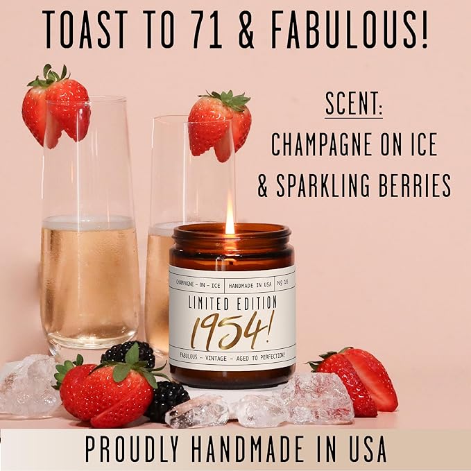 71st Birthday Gifts for Women - 'Limited Edition 1954' Soy Candle, w/Champagne on Ice I 71 Birthday Gifts for Women I 71st Birthday Gift for Her Ideas I 9oz Reusable Jar, 50Hr Burn, Made in USA