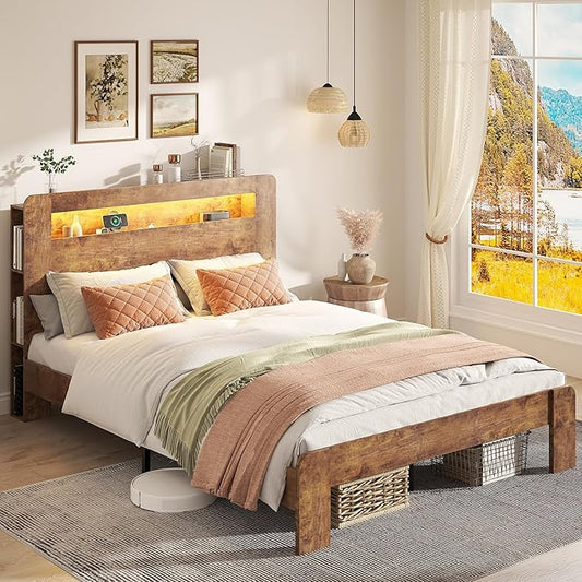 Wooden Bed Frame Queen Size with Headboard, Farmhouse Platform Bedframe with Metal Slat Support, Sturdy Framework Bed Frame, Easy Assembly (Rustic Brown LED)
