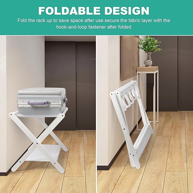 VASMIA Luggage Rack, Folding Suitcase Stand with Storage Shelf Set of 2, Bamboo Luggage Stand for Guest Room,Bedroon and Hotel,Holds up to 131 lb,Fit Most Luggage Size,White