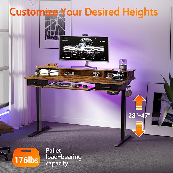 55x24 Inches Electric Standing Desk with Keyboard Tray, Height Adjustable Stand up Desk with 2 Drawers, Ergonomic Sit to Stand Desk with Storage Monitor Stand, Computer Table, Rustic Brown