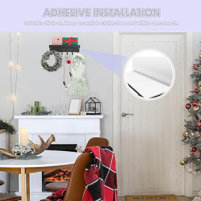 VIS'V Key Holder Wall Mount, Compact Adhesive Key Rack with Tray, 6 Hooks, 2 Mount Options, Black