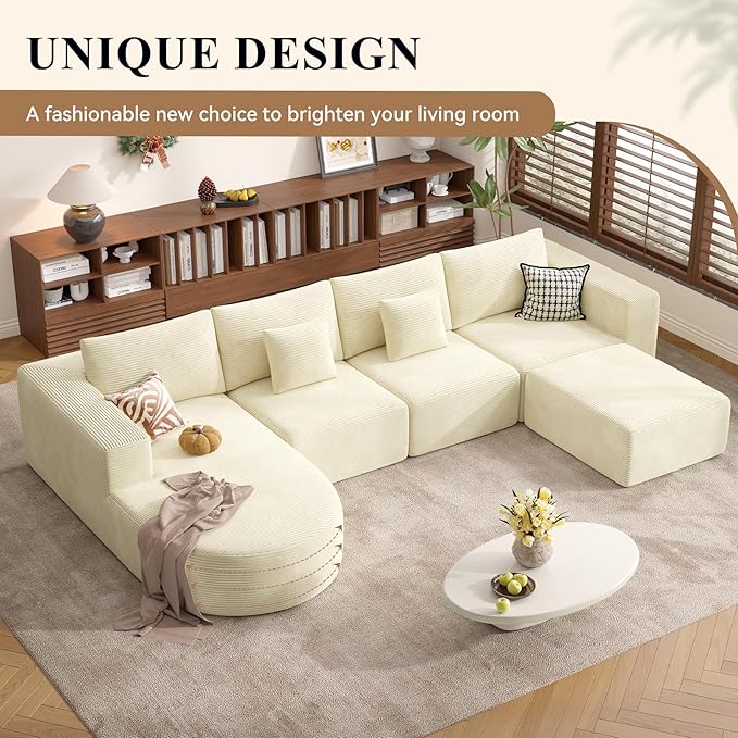 134" Boneless Couches for Living Room,Modular Sectional Sofa with Ottoman,Cloud Couch in a Box,Sponge Compression U Shaped Sofas with Chaise No Assembly Required(Beige-Corduroy Fabric) 1pcs