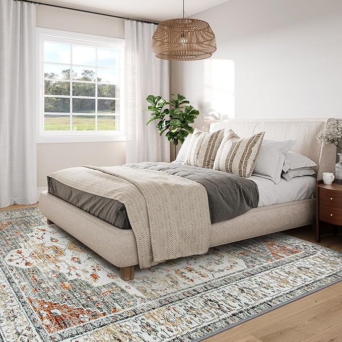 Moynesa Ultra-Thin Washable Area Rug 8x10, Large Living Room Rugs for Bedroom Under Dining Room Table, Vintage Oriental Medallion Printed Low Pile Carpet for Home Office Decor, Beige/Gold