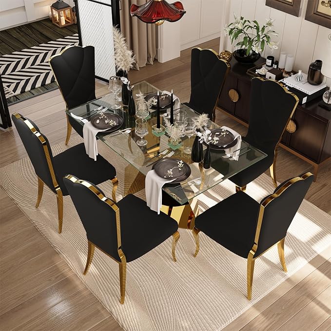 63in Gold Dining Table, Rectangular Glass Dining Table for 4-6 with Waved Legs in Polished Gold Chrome Finish, for Luxury Kitchen, Dining Room, Living Room,Apartment