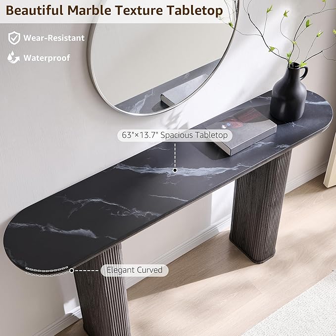 OKD 63" Modern Console Table with Arc Marble Texture Top, Fluted Wood Base, Contemporary Entryway Sofa Table for Living Room, Hallway, Foyer, Dark Alder
