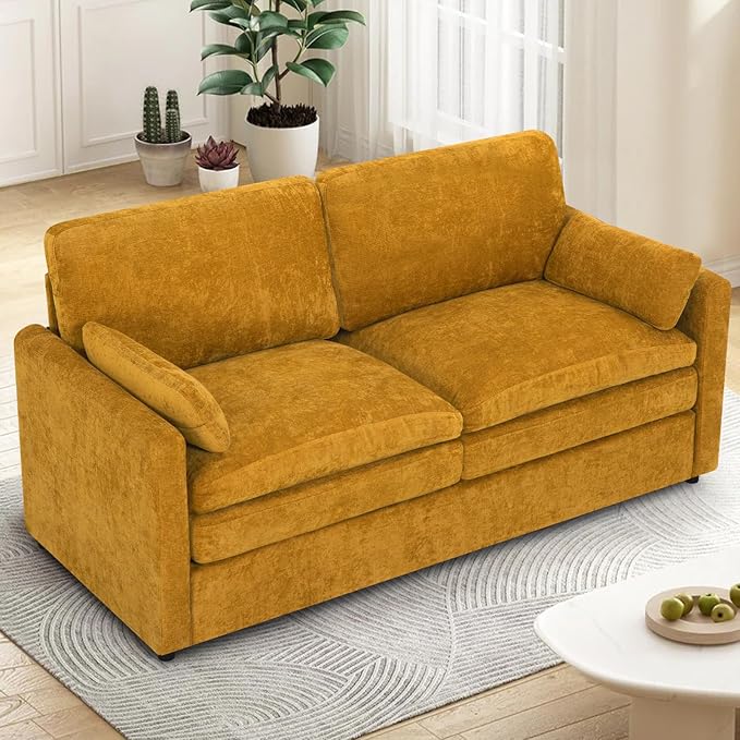 69” Chenille Loveseat Sofa w/Arm Pillows, Upholstered 2-Seater Sofa w/Comfortable Back Cushions, Modern 2 Seats Couch w/High-Density Foam for Living Room, Apartment, Office, Yellow