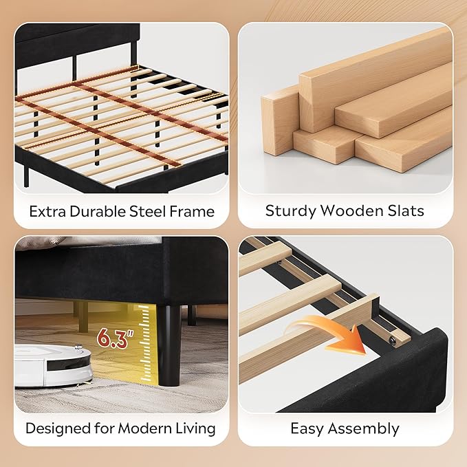 WLIVE King Size Upholstered Bed Frame, Velvet Square Tufted Headboard, Sturdy Metal & Wooden Slats Support, No Box Spring Needed, Black