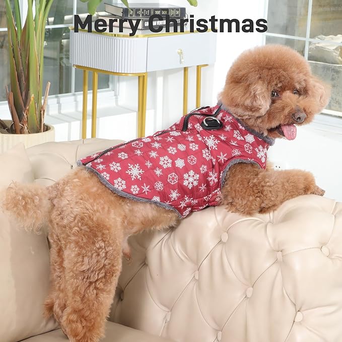Warm Fleece Dog Coats with Durable Harness Buitl in D-Ring,Waterproof Doggie Jacket for Medium Dogs,Dog Vest for Cold Winter,Red,Snow Pattern XL