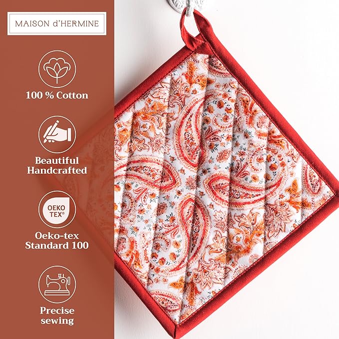 Maison d' Hermine Pot Holders 100% Cotton Heat Resistant Potholders 8" x 8" Hot Pads with Loop for Thanksgiving Christmas Decorations BBQ Cooking Baking Handling Hot Pans (Pack of 1, Orient)