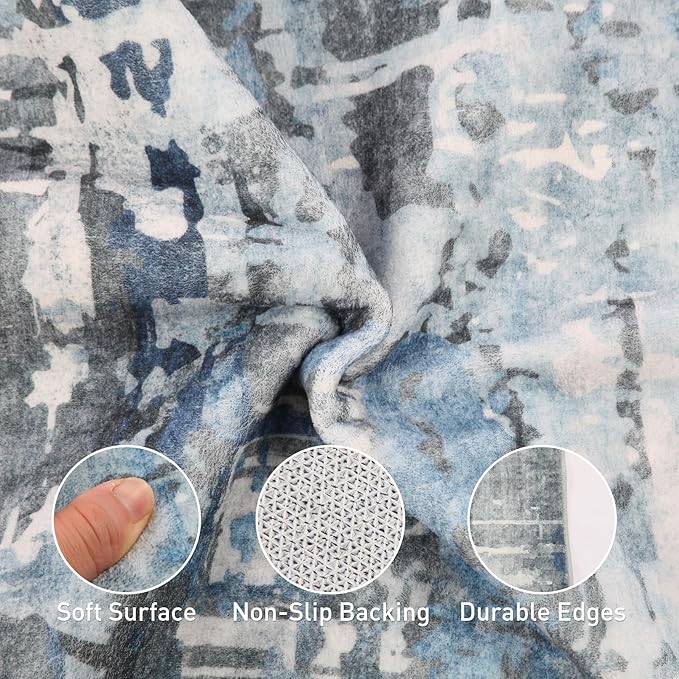 6x9 Soft Washable Area Rugs for Living Room and Bedroom, Non-Slip Stain Resistant Indoor Carpet, Cozy Floor Mat for Dining Room, Office, Under TableStain Resistant Blue