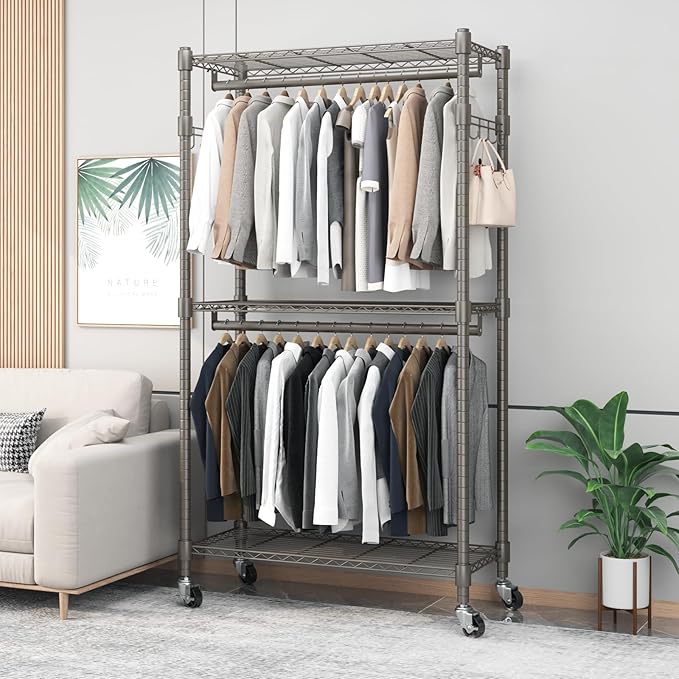 BATHWA Rolling Garment Rack Portable Closet Clothes Rack for Hanging Clothes, Metal Wardrobe Clothing Rack with Wheels and 8 Side Hooks, Double Rods, Adjustable Shelves, Gray
