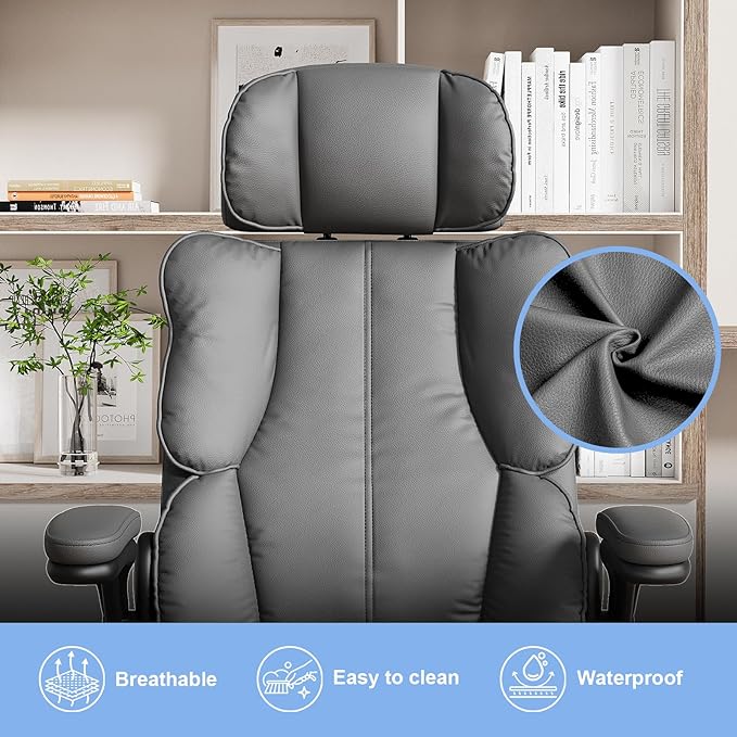Executive Leather Office Chair, Computer Chair with Thick Cushion & Lumbar Support, Ergonomic Desk Chair with Adjustable Headrest & Armrests,Grey