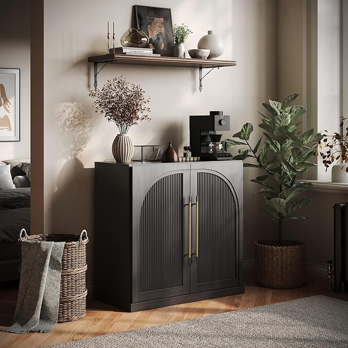 BELLEZE Modular Sideboard with Double-Arc Wood Doors, Small Arched Buffet Cabinet with Storage and Adjustable Shelves, Classic Modern Credenza for Dining Room, Living Room, or Entryway (Ebony)