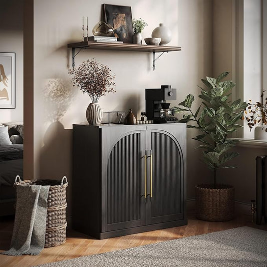 BELLEZE Modular Sideboard with Double-Arc Wood Doors, Small Arched Buffet Cabinet with Storage and Adjustable Shelves, Classic Modern Credenza for Dining Room, Living Room, or Entryway (Ebony)