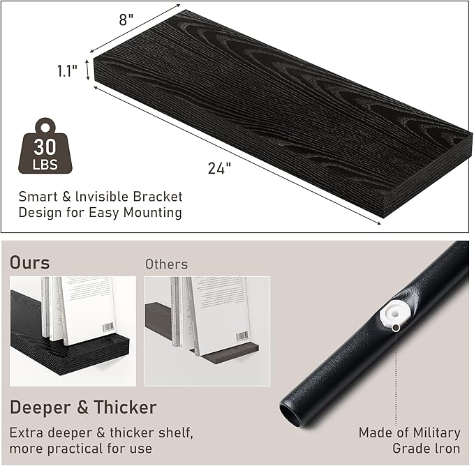 Floating Shelves for Wall, 24 Inch Floating Shelves Set of 2, Wall Mounted Rustic Wood Shelf for Bathroom, Living Room, Bedroom and Kitchen, Hanging Shelf for Storage, Books, Home Decor, Black