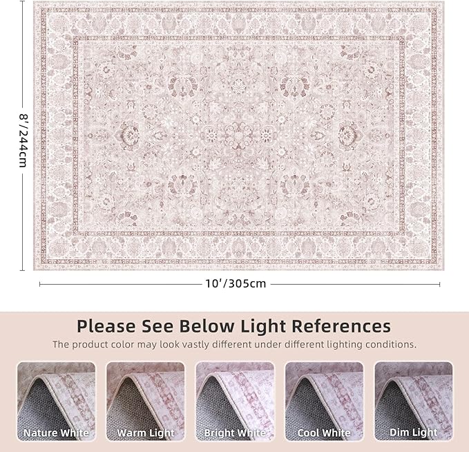 Pink Nursery Rug Large Area Rugs for Living Room Vintage Rug Boho Floral Washable Area Rugs 8x10 Indoor Carpet for Bedroom Dining Room Kids Room