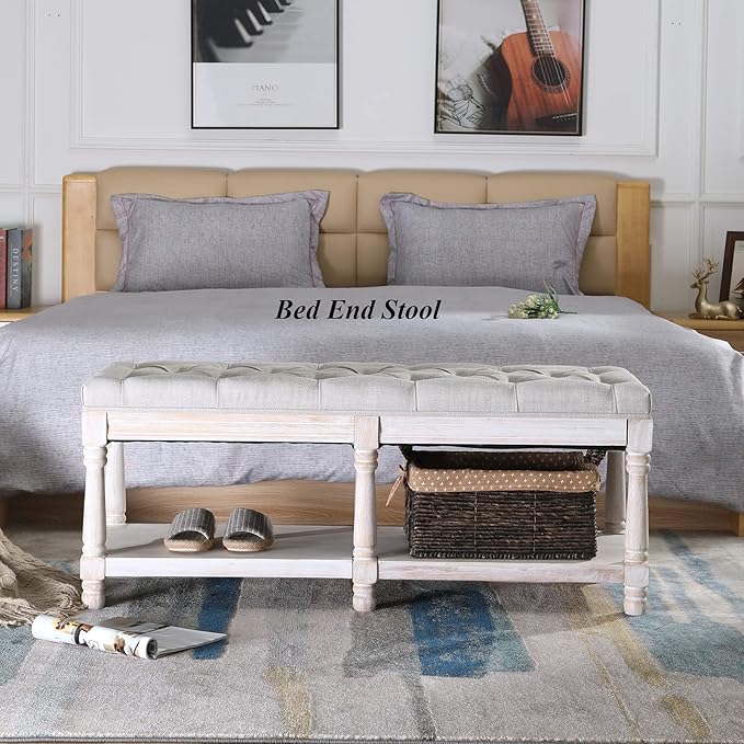 Mid Century Tufted Storage Bench with Shelf, Linen Upholstered Farmhouse Entryway Shoe Bench Ottoman Bed End Stool with Padded Seat, Rustic Bench for Bedroom Living Room Dining Room, Beige