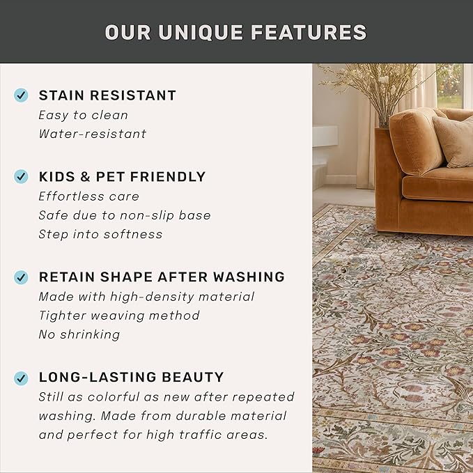 Vintage Moss Green Living Room Rug, 7x10 Washable Large Area Rugs for Bedroom, Dining Room Rugs Under Kitchen Table, Oriental Taupe Low Pile Stain Resistant Non-Slip