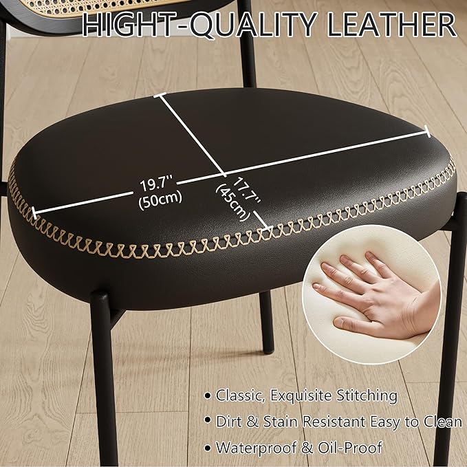 Rattan Dining Chairs Set of 2, Black Leather Upholstered Dining Chairs with Rattan Cane Back, Mid Century Modern Dining Room Chairs with Black Metal Legs & D-Shaped Thicken Cushion