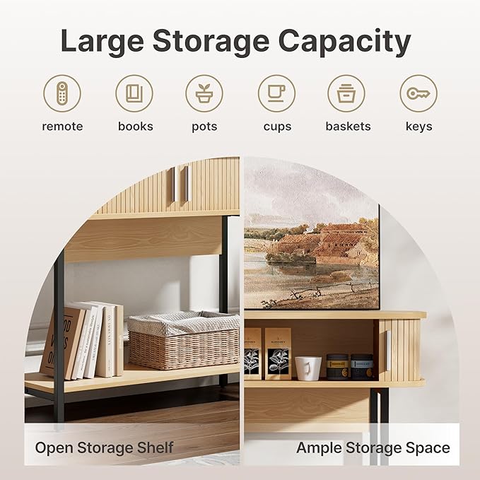 40" Mid Century Modern Entryway Table, Ultra Slim Fluted Console Table with Storage & Sliding Doors, Modern Round Corner Sofa Table, Wooden Entry Table for Hallway, Living Room, Natural