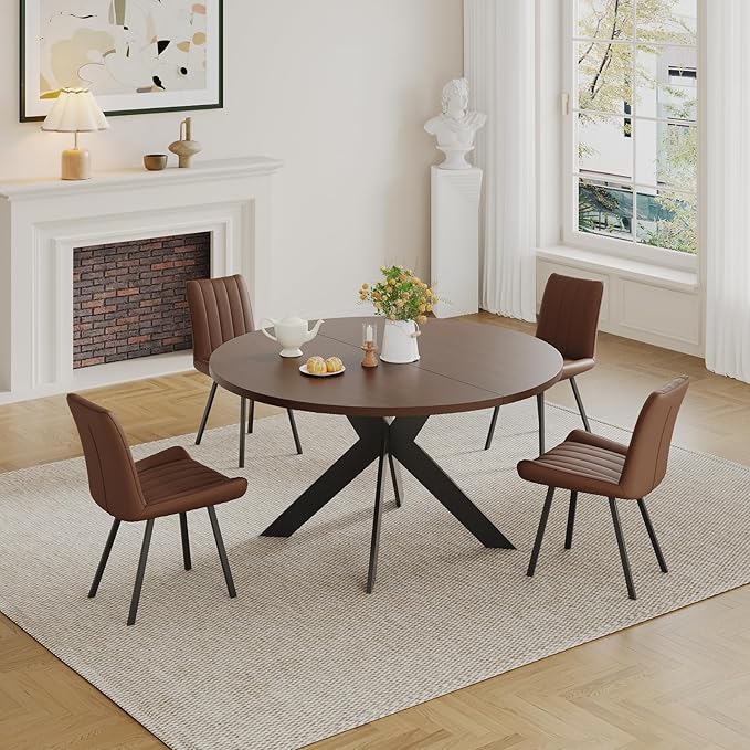 Walnut Round Dining Table Set for 4, Mid-Century Modern Kitchen Table and Chairs, Small Space Dining Room Furniture for Apartment, Breakfast Nook or Studio (Walnut wood-1 Table + 4 Brown Chairs)