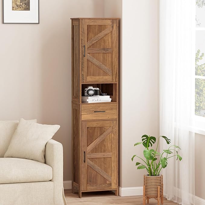 Homhedy 67" H Tall Bathroom Storage Cabinet with 2 Barn Doors and 1 Drawer, Narrow Storage Unit, Adjustable Shelves, Floor Cabinet for Bathroom, Living Room, Entryway, Kitchen, Rustic Walnut, (15.7"W)