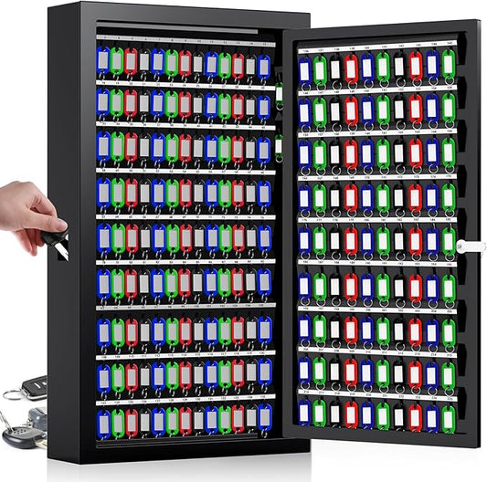 225 Keys Key Lock Box Wall Mount with Additional 16 Side Hooks and Key Tags, Anti-Theft Key Box Key Cabinet with Side Opening, Key Organizer Key Safe for Home Office Garage Rental Business
