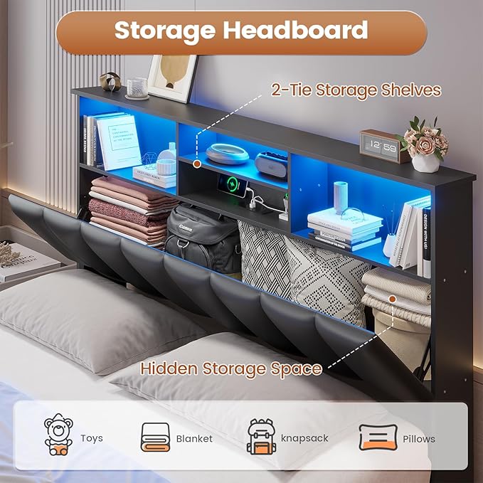 AOGLLATI Full Bed Frame with Stylish Bookcase Headboard & Charging Station & LED Lights,Full Size Bed Frame with 4 Storage Drawers and Metal Slats, No Box Spring Needed,Black