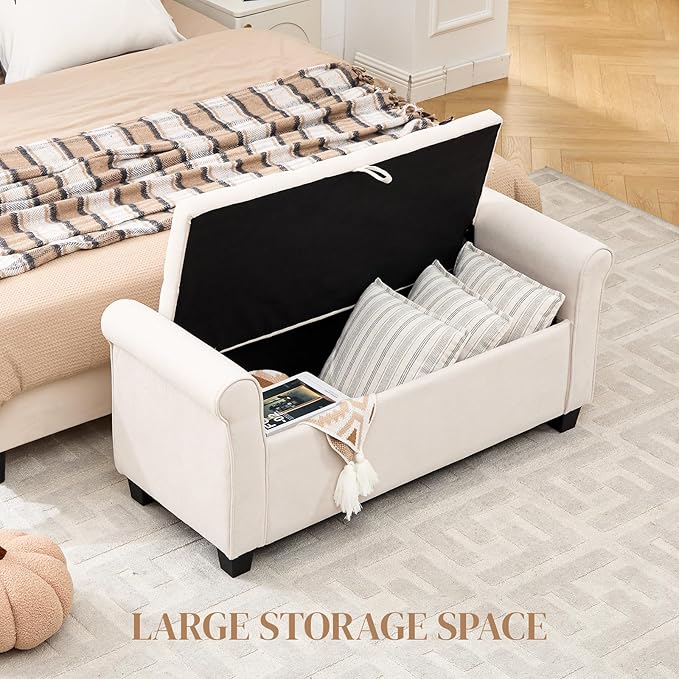 End of Bed Storage Bench for Bedroom, 49" Upholstered Storage Ottoman with Rolled Arms, Rivet Polyester Fabric Ottoman Bench for Bedroom, Living Room, Window, Entryway, Beige
