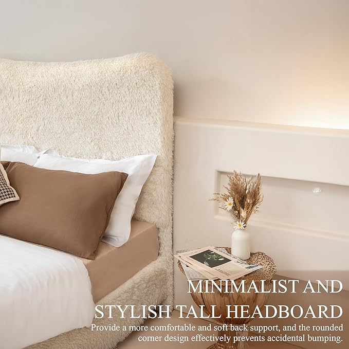 Brafab Queen Bed Frame with Headboard, Boho Fluffy Boucle Cloud Upholstered Platform Bed with Soft Rounded Corners and Wooden Slats, No Box Spring Needed, Noise Free, Easy Assembly, Beige