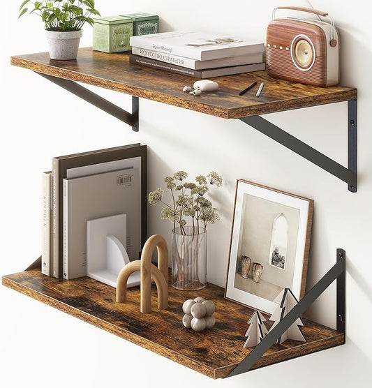 Deep Floating Shelves for Wall, 24"W x 10"D Wall Shelves Set of 2, 10 Inch Deep Floating Shelf with Brackets, Wide Display & Storage Shelves for Books, Living Room, Kitchen, Bathroom, Rustic Brown