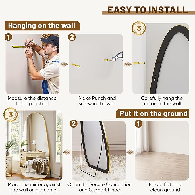 Antok Full Length Mirror, 76"x36" Floor Mirror with Stand,Standing Hanging Leaning Irregular Mirrors for Bedroom Living Room Entryway,Tear Drop Style,Golden