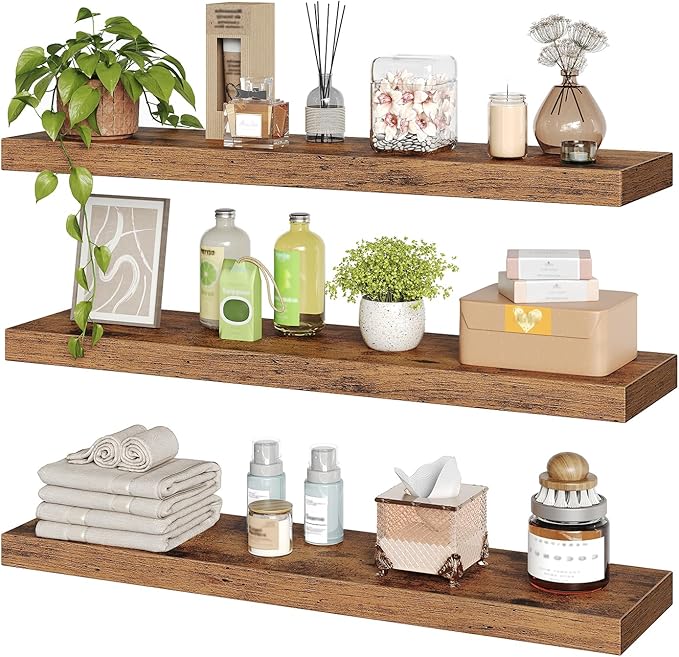 Floating Shelves for Wall, 1.5" Thick Wall Shelf Set of 3 with Invisible Brackets, L31.5 x W7.9 Hanging Shelves Farmhouse Home Decor for Bathroom, Living Room, Bedroom, Rustic Brown 8301BJP3BF