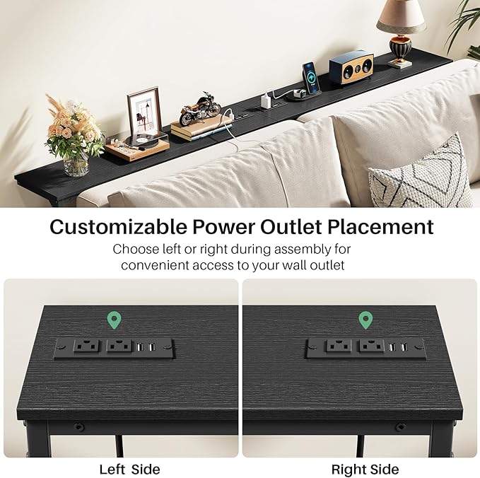 Kitstorack 2-Pack Black Console Table, 7.9" Deep Panel, Adjustable Height (25"-33") & with 2 Power Outlets, Behind Sofa Couch Table, Use Together or Separately - 79" L