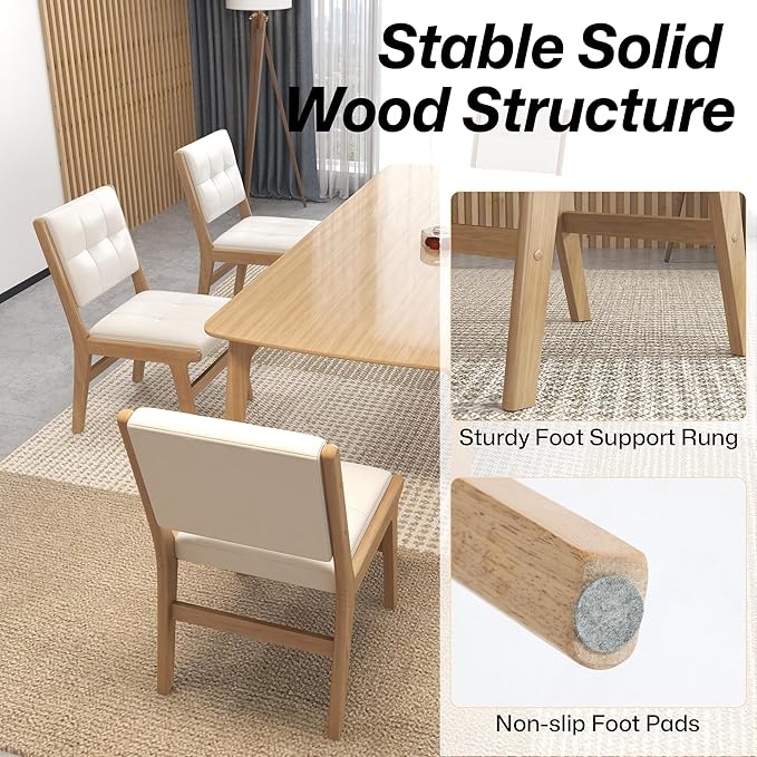 KCC Modern PU Leather Dining Chairs Set of 4, Upholstered Kitchen Chairs with Solid Wood Legs and Comfortable Seat for Dining Room/Lounge/Bedroom(White)