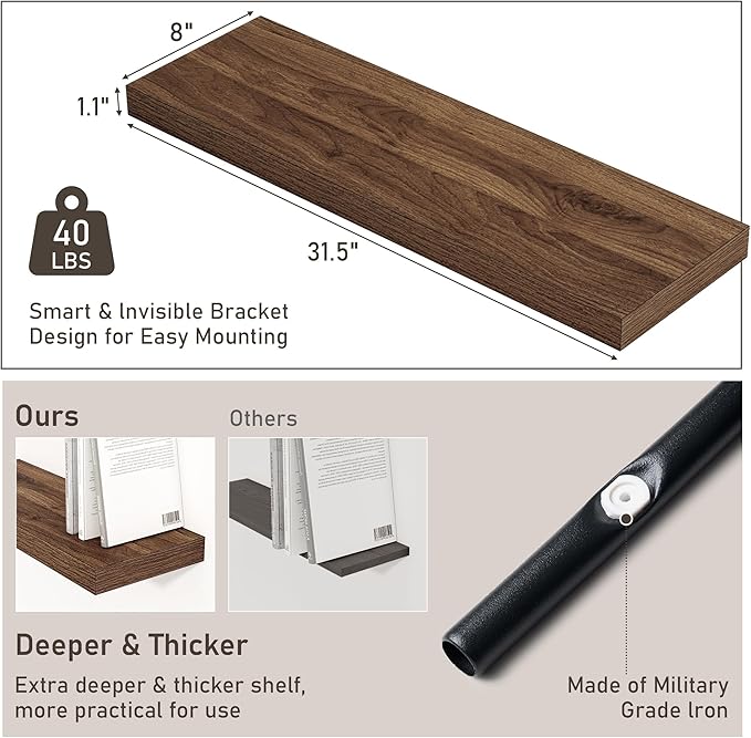 Fun Memories Floating Shelves for Wall, 32W x 8D Floating Wall Shelves with Invisible Brackets Set of 2, Hanging Rustic Wood Shelf Decoration for Bedroom, Bathroom, Living Room and Kitchen, Walnut