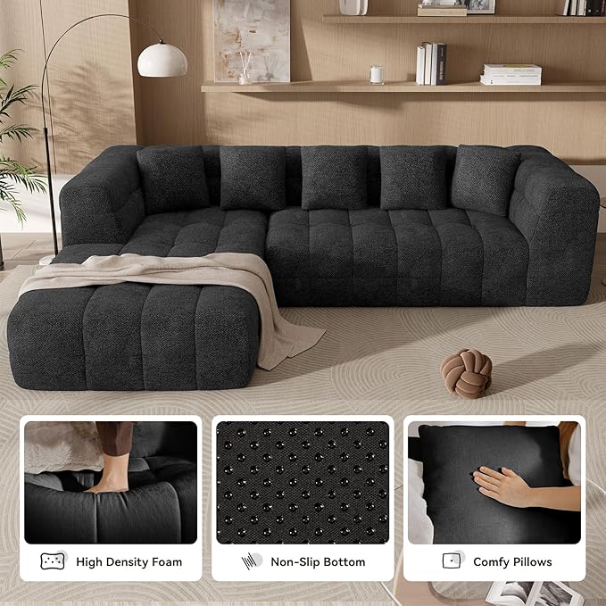 107" Modern Boneless Couch with L - Shaped Chaise, Comfy Chenille Modular Sectional Sofa with Tufted Design, Deep Seat Upholstered Sofa Bed, No - Assembly Sectional Couch, Black
