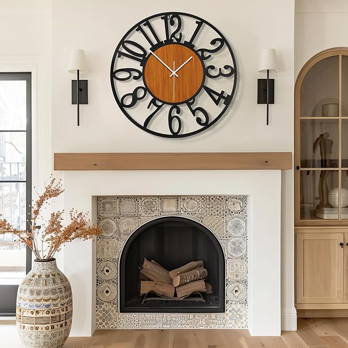 Maxstar Round Wall Clock for Living Room Decor Battery Operated Non Ticking Black Metal Wood Clocks for Home Living Room Garden Office Kitchen Decoration -20 inch