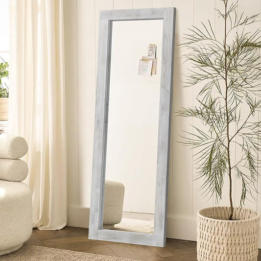 Rustic Farmhouse Full Length Mirror 64"X21" Wood Frame Floor Mirror with Stand, Free Standing Mirror Leaning or Hanging for Bedroom Living Room, Tempered Glass, White