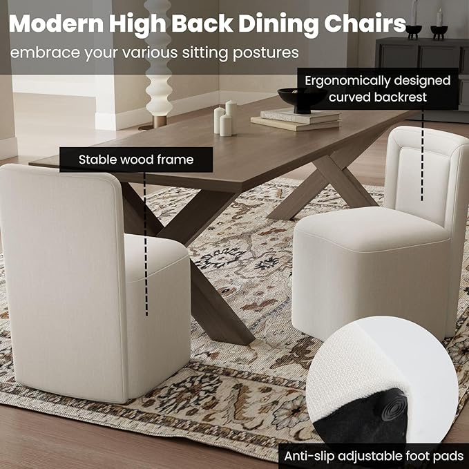 White Upholstered Dining Chairs Set of 4, Armless Modern Linen Dining Chairs with High Back, Kitchen Chair for Dining Room/Restaurant/Living Room