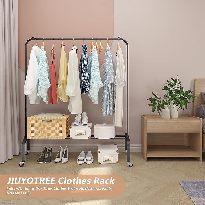 JIUYOTREE Metal Clothing Rack with Wheels, 43.3 Inches Rolling Clothes Garment Coat Rack with Bottom Shelf, Clothing Rack for Hanging Clothes, Coats, Skirts, Shirts, Sweaters, Black