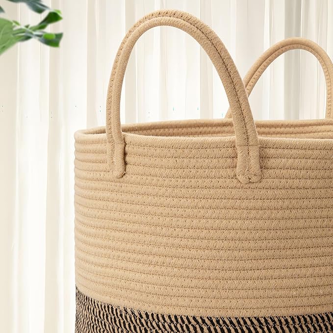 58L Cotton Rope Laundry Basket (20"x15"),Woven Basket for Storage Dirty Clothes Basket for Laundry, Living Room, Nursery, Bedroom Rope Storage Basket for Blankets（Brown/Stitches）