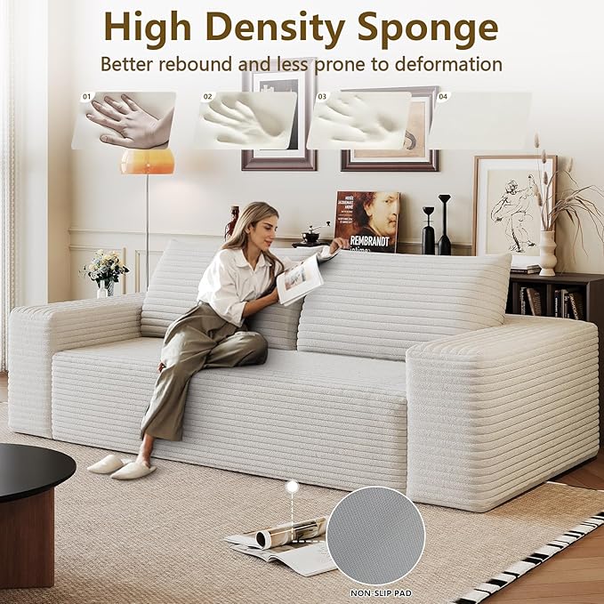 63" Boneless Loveseat Sofa - Cloud Couch with Memory Foam, Comfy Deep Seat - Corduroy Floor Sofa, No Assembly Required - Small Space Friendly for Living Room, Bedroom, Apartment, White