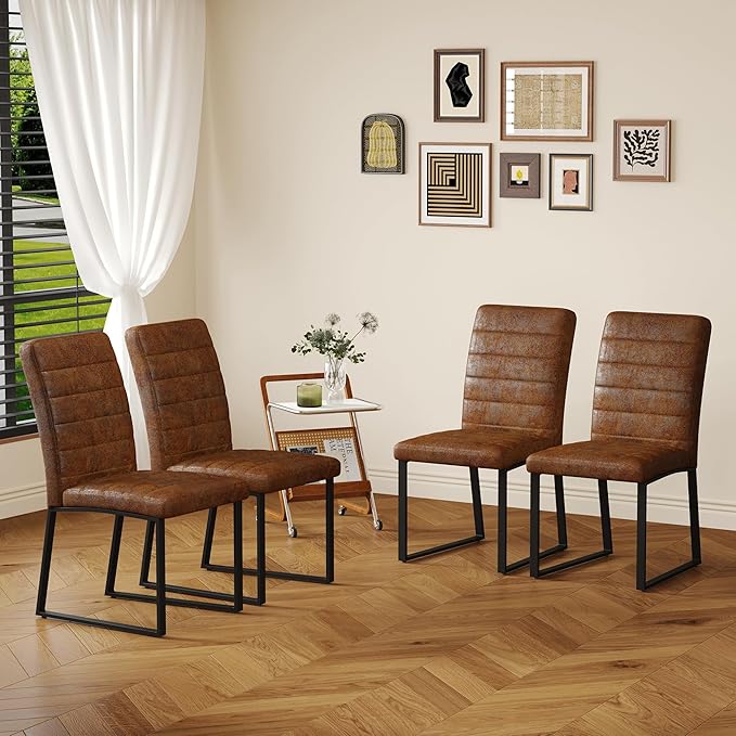 Modern Dining Chairs Set of 4, White Faux Leather Kitchen Chairs, Upholstered Armless Dining Room Chair with Gold Mental Legs Heavy Duty, Comfortable (Brown Chiars, Set of 4)