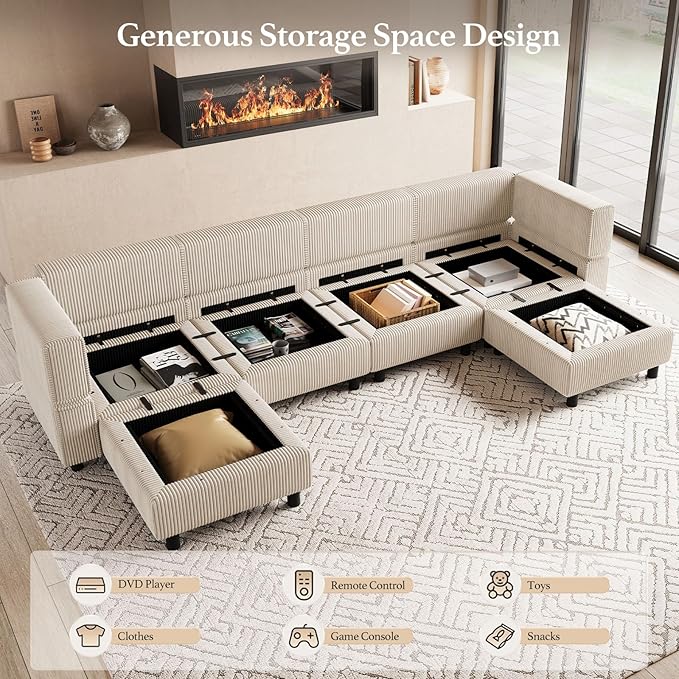 114.2" Modular Sectional Sofa with Deep Storage Seat,U Shaped Sectional Sofa Couch Convertible 6 Seater Corduroy Couch with Movable Ottoman,Upholstered Sectional Couches for Living Room,Beige