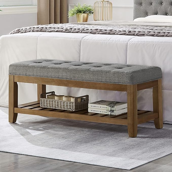 24KF Large Rectangular Upholstered Tufted Linen Fabric Ottoman Bench, Padded Bench with Solid Wood Shelf-Granite