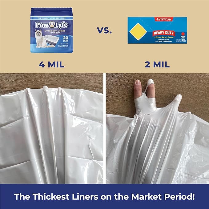 PawLyfe Jumbo Cat Litter Box Liners - 4MIL Extra Thick Heavy Duty Drawstring Kitty Litter Bags - Scratch and Tear-Resistant XL Cat Pan Liners for Easy Litterbox Cleanup - 36" x 18" - Box of 20 Liners