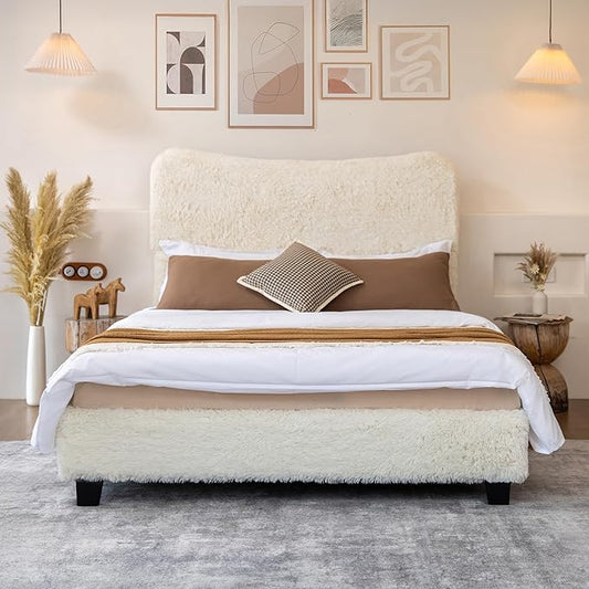 Brafab Queen Bed Frame with Headboard, Boho Fluffy Boucle Cloud Upholstered Platform Bed with Soft Rounded Corners and Wooden Slats, No Box Spring Needed, Noise Free, Easy Assembly, Beige