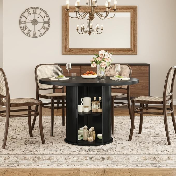 Farini 43" Round Dining Table for 4-6 with Storage Space,Modern Kitchen Room Table with Wood Top & Sturdy Metal Base,Black