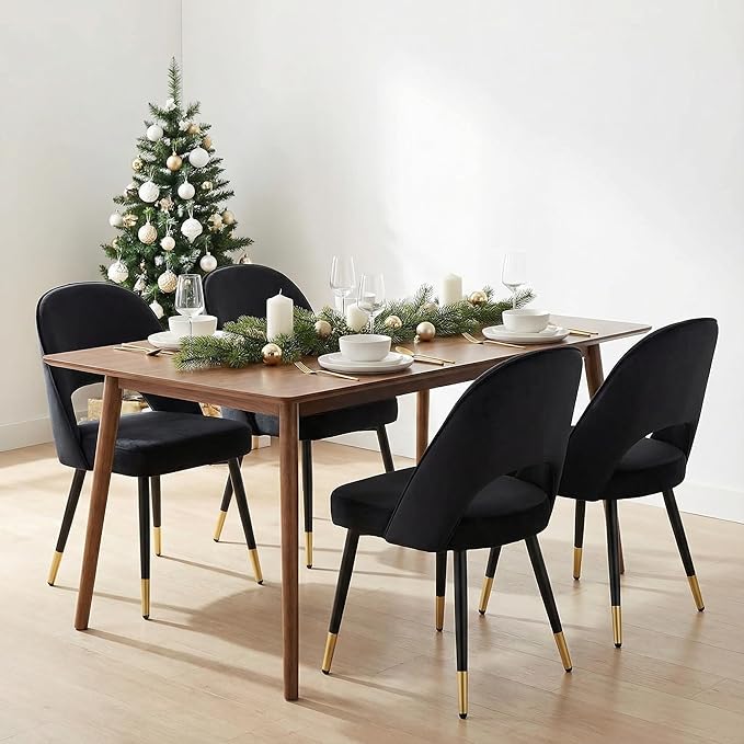 LukeAlon Mid Century Modern Dining Chairs Set of 2, Velvet Upholstered Open Back Kitchen Chairs with Gold Metal Legs, Armless Side Chairs for Dining Room, Living Room, Luxurious Black